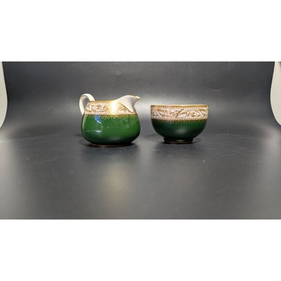 Vintage Spode Green Gold Creamer Sugar Bowl Set Fine Bone China Elegant Design - Picture 7 of 16